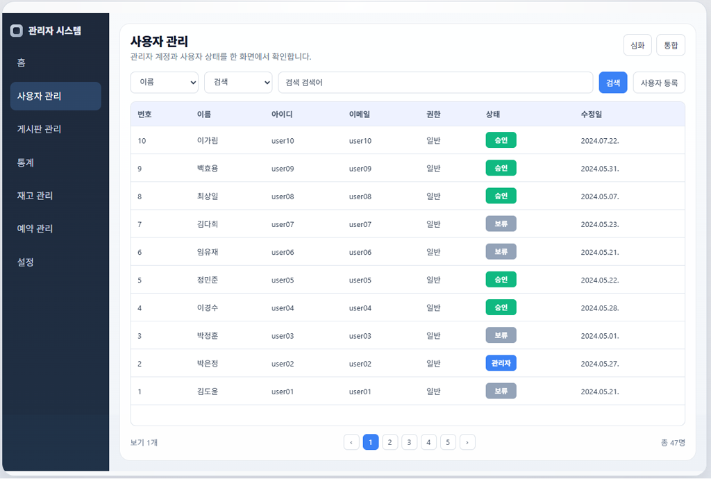 웹기반 관리자 시스템 화면